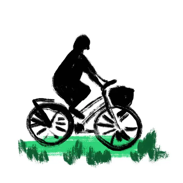 Handgezeichnete Illustration Einer Fahrradfahrerin Schwarze Silhouette Mit Grünem Gras Stadtleben lizenzfreie Stockfotos