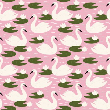 Beyaz kuğular, yeşil su kuşları, nilüfer gölü. Pembe mor yaz bahçesi, renkli çocuklar çevik çocuklar baskılar, karalama pastel boya tarzı vahşi yaşam