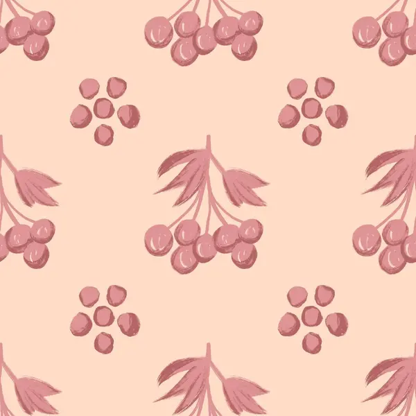 Hand drawn seamless pattern with berry floral branches, peach fuzz blush berries blue flowers on beige background. Retro vintage garden autumn fall design, botanical print in warm neutral faded colors
