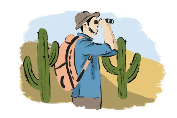 Handgezeichnete Abbildung Eines Mannes Mit Fernglas Rucksack Wüstenlandschaft Kakteen Beobachten Stockbild