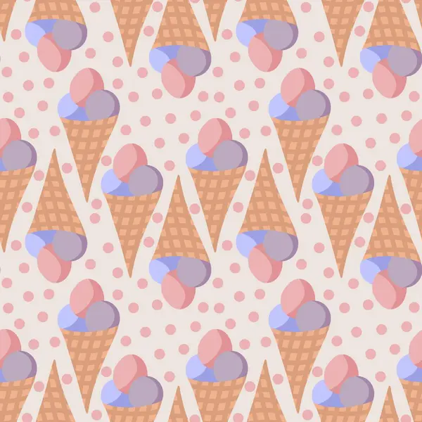 Hand drawn seamless pattern of ice cream with polka dot, retro vintage style. Pink lilac yellow round shape with chocolate, sweet tasty summer holiday food, fun design for colorful beach art