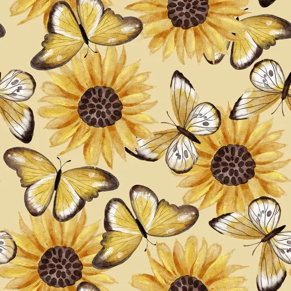 Aquarell Nahtlose Handgezeichnete Muster Mit Realistischen Sommer Natürlichen Sonnenblumen Blumen Stockfoto