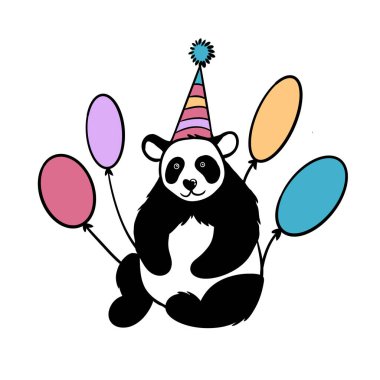 Panda 'nın balonlarla doğum günü partisinin el çizimi resmi. Komik karikatür basit minimalist tebrik kartı baskıyı, çocuklar için mükemmel, sevimli tüylü hayvan siyah beyaz