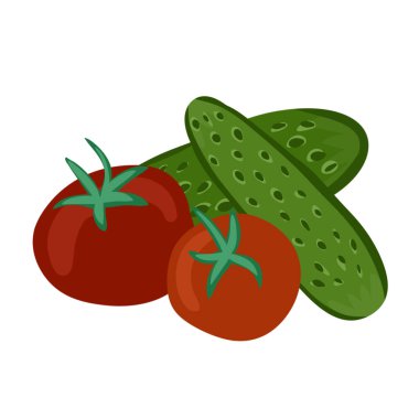 Elle çizilmiş yeşil salatalık kırmızı turuncu domatesler. Taze vejetaryen yiyecekler, mutfak baskısı, sağlıklı malzemeler, organik tarım, paketleme pazarı için tasarım