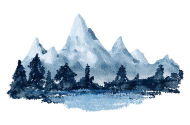 Mavi Orman Dağı 'nın el çizimi. Kış çam ağacı manzarası, tepe arazisi kamp yürüyüşü, açık hava kumaş baskısı, orman alp dizaynı. Suluboya zarif baskı