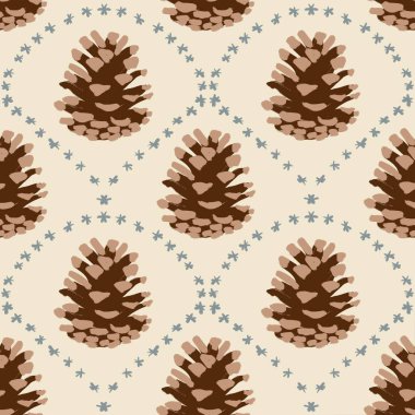 Çam kozalaklı kozalaklı ladin dalları ve bej arka planda kozalaklı el yapımı desenler, Noel kışı tekstil ambalaj kağıdı için yeni yıl baskısı, doğal renkler her zaman yeşil gri yıldızlar.