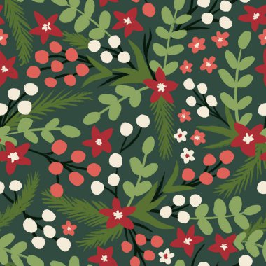 Pürüzsüz el çizimi desenli yeşil, pasaklı Noel yıldızı çiçekleri kış çiçeği desenli. Kırmızı böğürtlen, kutsal çam ağacı ladini, yeni yıl için kağıt tekstil botanik dekoru.