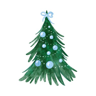 Suluboya elle çizilmiş mavi fiyonklu Noel ağacı. Yeni yıl köknar çam ladin bitkisi. Aralık ayı kutlama tasarımı, davetiye kartları için tatil partisi baskısı