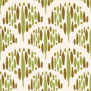 Geleneksel Endonezya kumaş baskısı ile el çizimi kusursuz desen. yeşil bej kahverengi soyut geometrik çizgiler orta yüzyıl modern sıçrama izi