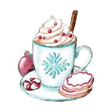 Krem şantili kahve kapuçino içeceğinin elle çizilmiş suluboya çizimi. Kahve kapuçino menüsü Noel kış kafesi, lezzetli bej rengi kahverengi mevsimlik sanat, bayram organik krema beyaz