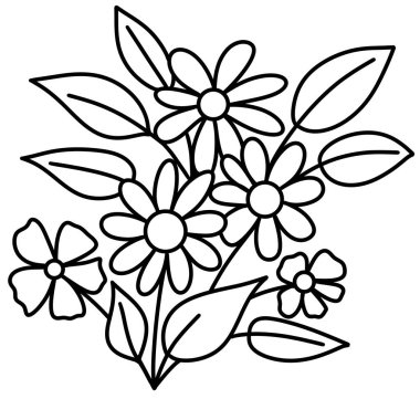 El çizimi çiçek yaprakları illüstrasyon boyama sayfası, siyah beyaz zarif düğün süsü, çizgi sanatı minimalizmi dövme stili tasarım yaz mevsimi doğası yaprakları