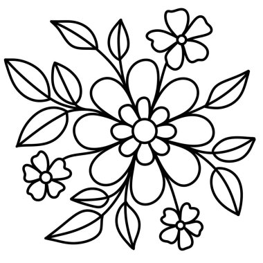 El çizimi çiçek yaprakları illüstrasyon boyama sayfası, siyah beyaz zarif düğün süsü, çizgi sanatı minimalizmi dövme stili tasarım yaz mevsimi doğası yaprakları