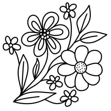 El çizimi çiçek yaprakları illüstrasyon boyama sayfası, siyah beyaz zarif düğün süsü, çizgi sanatı minimalizmi dövme stili tasarım yaz mevsimi doğası yaprakları