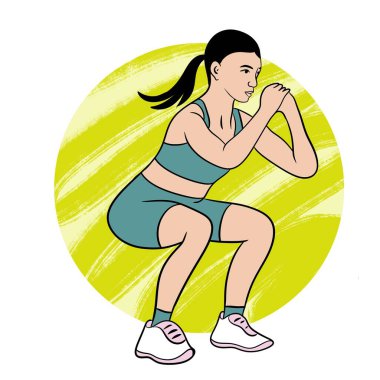 Fitness eğitimi veren bir kadının el çizimi. Beden eğitimi egzersizleri, modern spor sanatı, kendine güvenen bir kadın halter vücut geliştirme kasları, genç kız atletik.