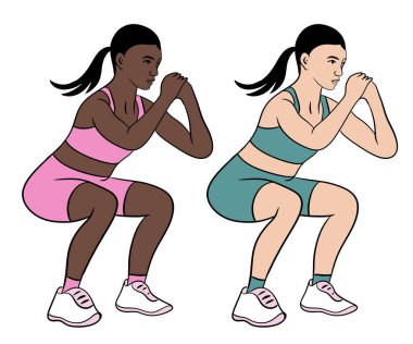 Fitness eğitimi veren bir kadının el çizimi. Beden eğitimi egzersizleri, modern spor sanatı, kendine güvenen bir kadın halter vücut geliştirme kasları, genç kız atletik.