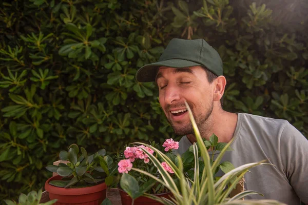 Man gardener in green cap smiles as smells indoor plants in front of living evergreen fence Phillyrea latifolia. Allergy to flowers. Natural holiday gift. Small business, hobby, gardening. Copy space