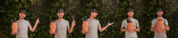 Banner Set Man Gardener Green Cap Holds Terracotta Clay Pots — Stock fotografie