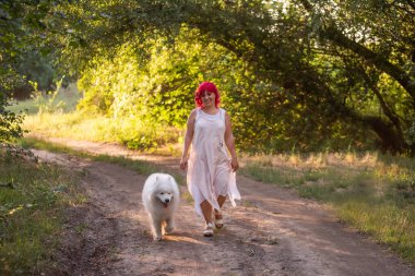 Parlak çeşitlilikteki pembe saçlı kadın gün batımına doğru Samoyed köpeğiyle ormanda yürüyor. Çocuksuz bir kız, evcil hayvanlarla arkadaşlık seyahati. Eğitim, köpek itaati. Yaz doğa manzarası