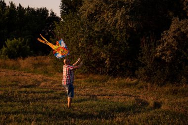 Güneş batarken yeşil ormanın yakınındaki tarlada uçurtmalı gözlüklü kel bir adam. Babam kırsal bölgelerde çocuklarla oynuyor. Sıcak aile anıları. Açık hava zaman harcaması. Boşluğu kopyala