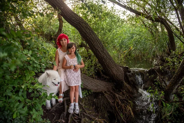 Зеленому Лісі Невеликою Різноманітністю Струмків Мати Рожевим Волоссям Обіймає Дочку — стокове фото