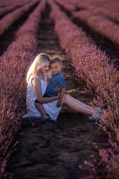 Портрет Блондинки Маленьким Сином Сидить Фіолетовому Лавандовому Полі Молода Жінка — стокове фото