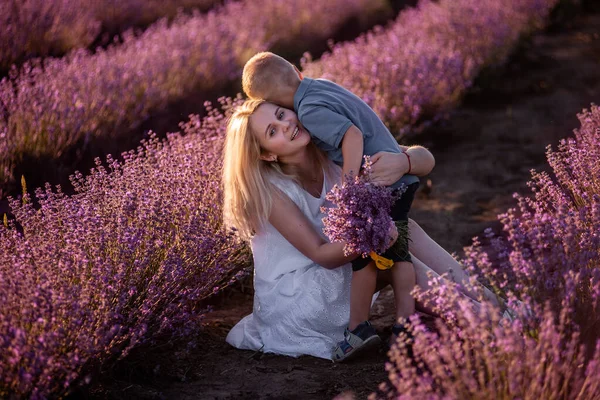 Little Son Gives Mother Bright Bouquet Lavender Field Sunset Young — Stock Photo, Image