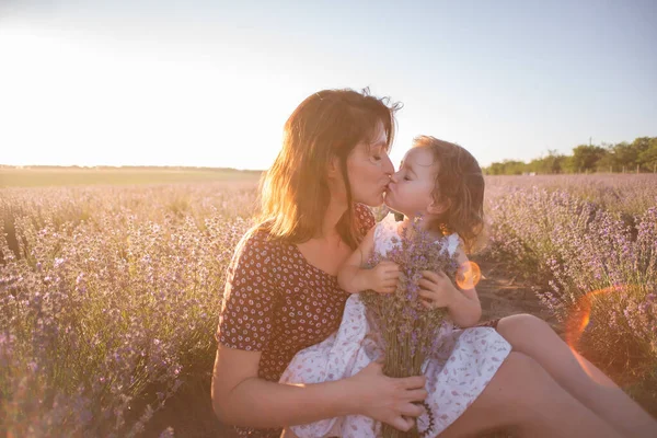 보라색 라벤더 들판에 엄마의 초상화 랑스럽게 껴안고 입맞추는 소녀다 알레르기 — 스톡 사진