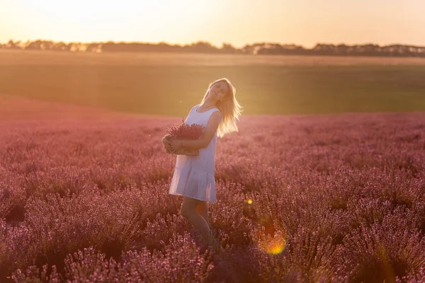 흰옷을 여자는 밭에서 자주색 라벤더를 손으로 바구니를 있습니다 꽃다발을 밀레니엄 — 스톡 사진