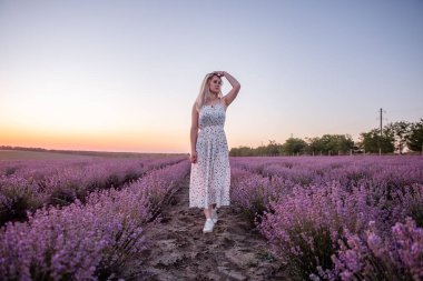 Genç sarışın kadın gün batımında mor tarlaların arasında yürüyor. Kırsal kesimde seyahat et. Alerji kavramı, özgürlük. Çocuksuz romantik bir kızdır. Gün batımından aydınlandı. Boşluğu kopyala