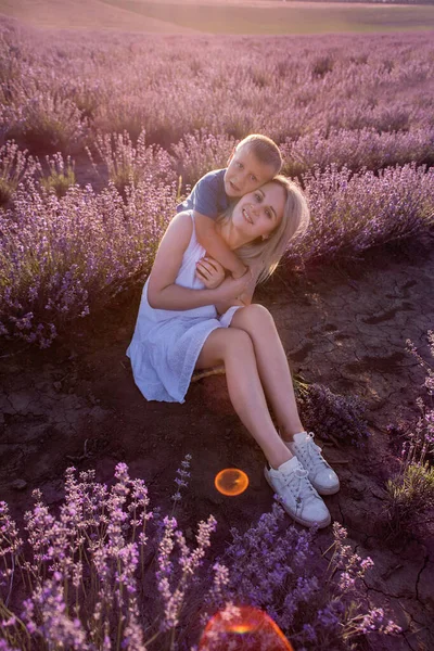 Malý Syn Objímá Matku Ramena Levandulovém Poli Při Západu Slunce — Stock fotografie