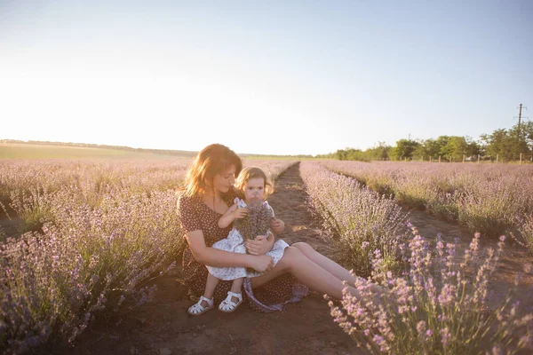 보라색 라벤더 들판에 엄마의 초상화 랑스럽게 껴안고 입맞추는 소녀다 알레르기 — 스톡 사진