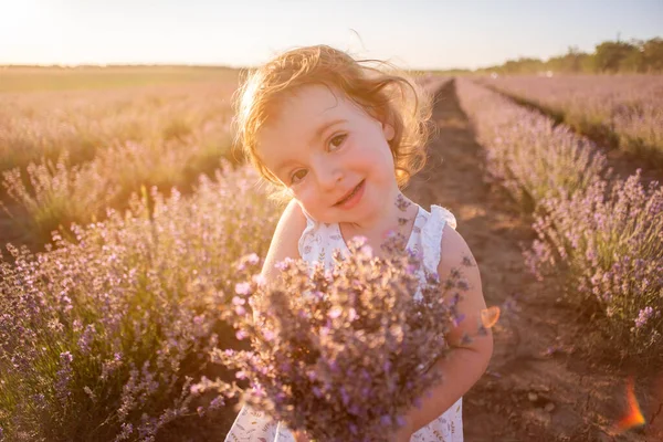 Close Portrait Little Girl Flower Dress Holding Bouquet Purple Lavender — Stock Photo, Image