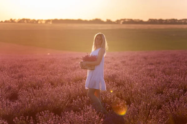 白いドレスの若い女性がフィールドに紫色のラベンダーに手で手作りのバスケットで立っている 花束を持つ千年紀の少女の肖像画を閉じます アレルギーの概念 天然香料の製造 — ストック写真