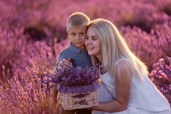 Mother Little Son Holding Basket Bouquet Purple Lavender Field Portrait — Stock Photo, Image