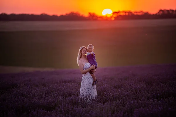 Tausendjährige Junge Mutter Hält Ihren Kleinen Sohn Bei Sonnenuntergang Violetten — Stockfoto