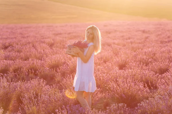 白いドレスの若い女性がフィールドに紫色のラベンダーに手で手作りのバスケットで立っている 花束を持つ千年紀の少女の肖像画を閉じます アレルギーの概念 天然香料の製造 — ストック写真