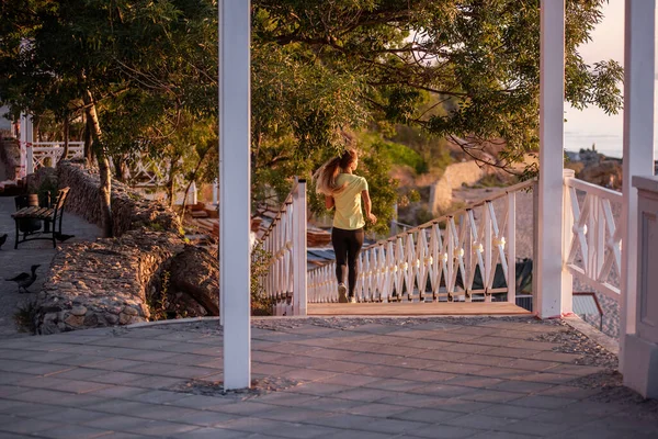 スポーツウェアの若い女性は 夜明けの太陽の光の中で木製の階段をジョギングを行使している 街の通りでスポーツに行く スポーツ フィットネスの概念にポーズ女の子 朝のルーチン — ストック写真