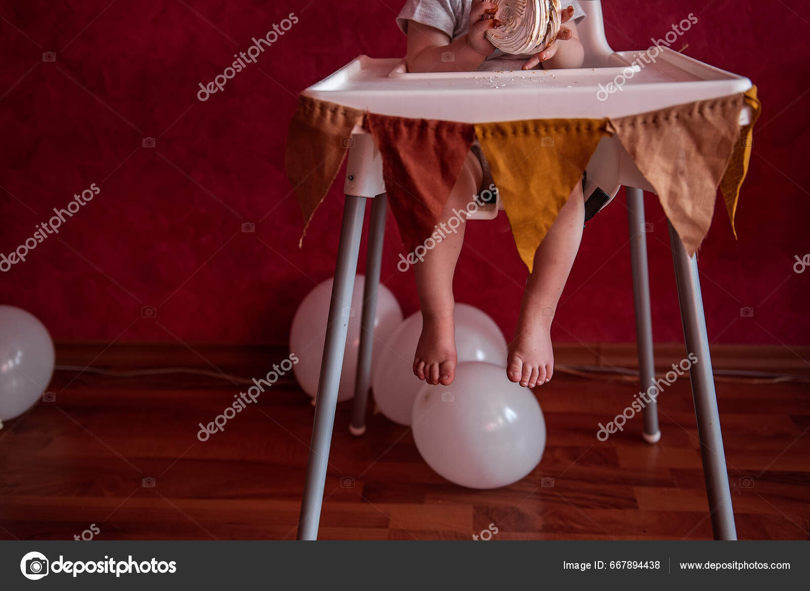 Faceless Portrait Baby Sitting Feeding Chair Festively Decorated