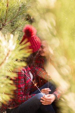 Çam ağaçlarının yeşil iğnelerinde, kırmızı kareli gömlekli mutlu çift ormanda neşeli maytaplar tutuyor. Şapkalı adam ve kadın Noel ağacı pazarında gülüyorlar. Avrupa 'da sıcak kış. Boşluğu kopyala