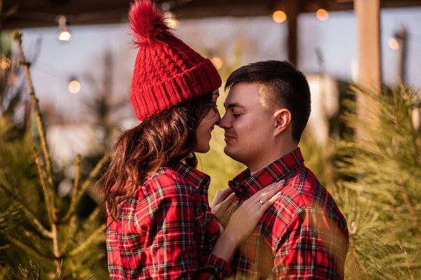 Kareli kırmızı gömlekli güzel bir çift, örgü şapkalı, yeşil Noel ağacı pazarında burun buruna sarılıyorlar. Genç adam gülüyor, muhteşem kadını öpüyor. Tatil atmosferi