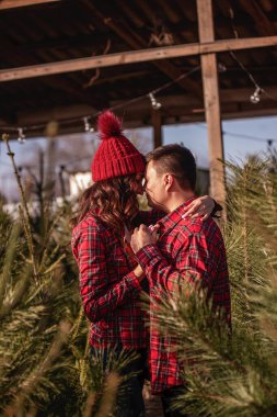 Kareli kırmızı gömlekli komik çift dans ediyor, yeşil Noel ağacı pazarında dönüyor. Genç bir adam el ele tutuşur, ellerini bırakmadan güzel bir kadını öper. Tatil atmosferi