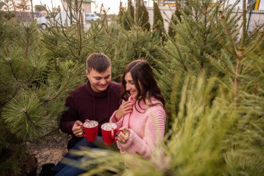 Birbirine aşık bir çift yeşil çam ağaçları, köknar ağaçları ve Noel ağacı pazarında oturuyor. Genç bir adam ve kadın, kırmızı bardaklardan sıcak kakao içiyor. Şekerlemeli, bastonlu. Tatil atmosferi, eğlence