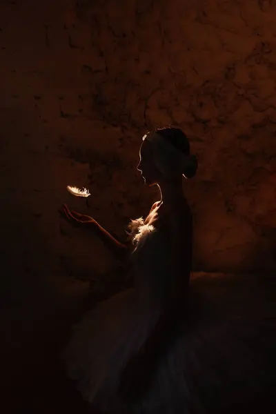 Enigmatische Ballerina Met Veer Het Spotlicht Young White Swan Meisje — Stockfoto