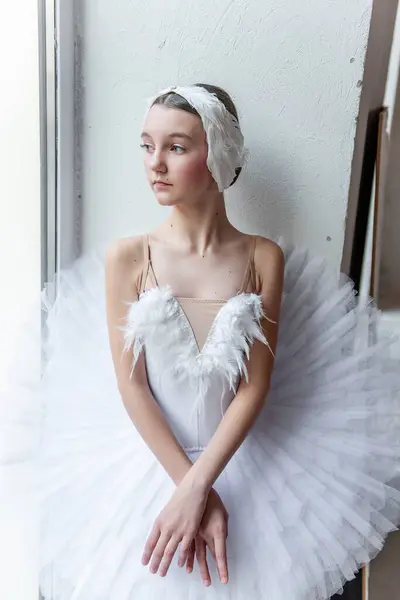Ritratto Ravvicinato Giovane Ballerina Immagine Cigno Bianco Tutù Finestra Sfondo Immagine Stock