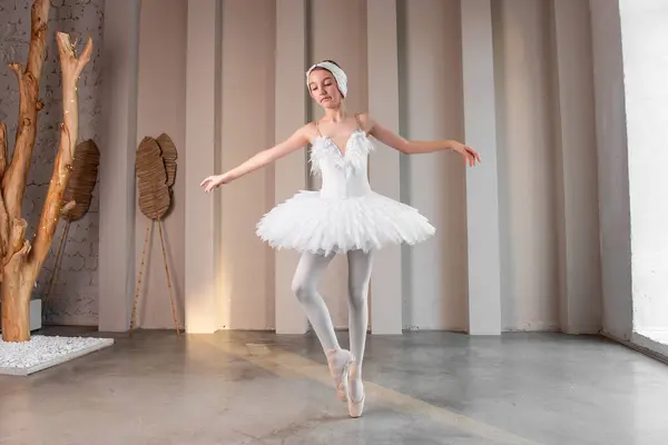 Elegante Giovane Ballerina Esibisce Accanto Grandi Finestre Posizione Bilico Delicato Foto Stock