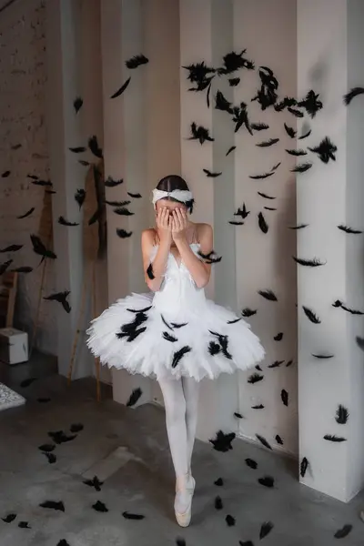 Drammatica Giovane Ballerina Tutù Bianco Tiara Erge Punta Sopraffatta Piume Immagini Stock Royalty Free
