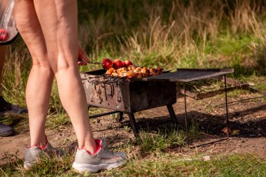 Çimenli bir tarlada güneşli bir piknik sırasında portatif ızgarada ızgara tavuk ve elma yiyen kişi..