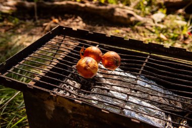 Açık havada ızgarada kızartılan üç tam soğan ve altında folyoyla sarılmış yiyecekler. Kamp ve açık hava yemekleri için mükemmel..