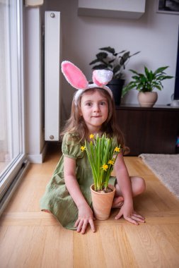 Tavşan kulaklığı takan sevimli küçük bir kız yerde oturmuş elinde çiçekli narsislerle neşeli bir şekilde Paskalya bayramını evde kutluyor.