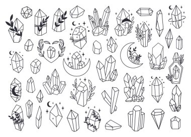 Set of Mystical line art esoteric crystals, gem stones, diamonds, jewelry minimalist print. Boho astrology hand draw illustration. Magic doddle for T-shirts and bags, tatoo decor element